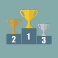Gold, Silver and Bronze Trophy Cup on prize podium. First place award. Champions or winners Infographic elements. Vector illustrat Royalty Free Stock Photo